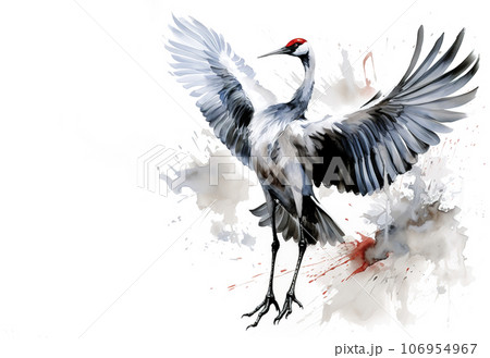 Image of flying an eastern sarus crane painting on white background. Bird. Wildlife Animals. Illustration, Generative AI. 106954967