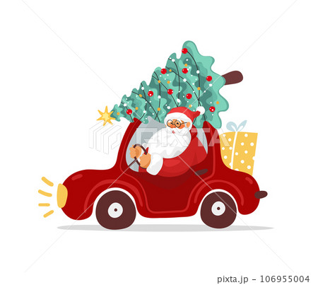 Funny Santa Claus is carrying gifts and a Christmas tree in a red car, Christmas delivery character. Flat vector cartoon New Year decor element. 106955004