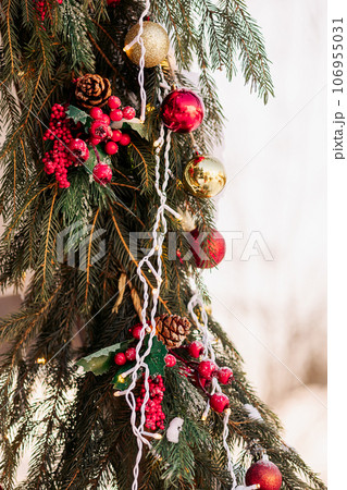 Close up decorated christmas tree balls bauble 106955031