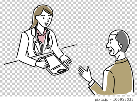 Simple line drawing of a female doctor examining a male patient 106955033