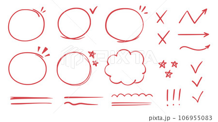 Red line check mark, underline, circle. Hand drawn doodle sketch red marker stroke emphases, highlight, check mark elements. Study focus, important underline, circle sketch. Vector 106955083