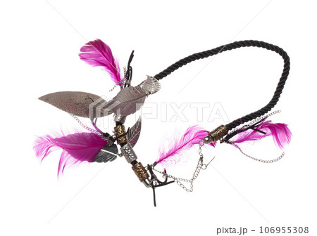 Silver jewel bead style necklet fly in air. Wire silver Jewelry bead necklace as gemstone for fashion ornament decorative items. Fashion ornament necklace to add more style. White background isolated 106955308