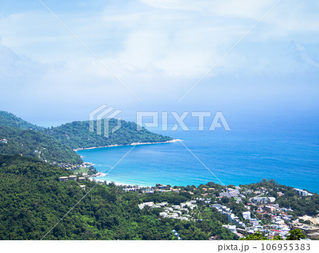 Sea Mountain Landscape Horizon Background, View Ocean Island Building Rock Tree Forest Blue Sky at Coast Thailand, Shore Sand Beach Water Summer Tropical Nature for Travel Vacation Tourism Seascape. Sea Mountain Landscape Horizon Background, View Ocean Island Building Rock Tree Forest Blue Sky at Coast Thailand, Shore Sand Beach Water Summer Tropical Nature for Travel Vacation Tourism Seascape. 106955383