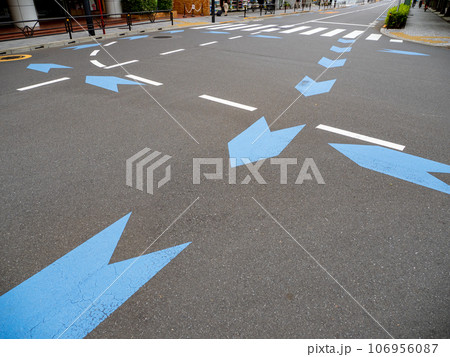 交差点内に設置された自転車ナビライン（青色） 106956087