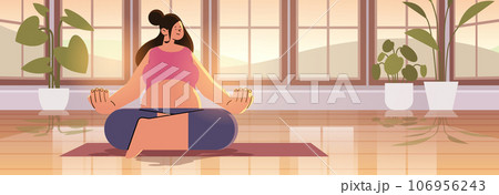 happy pregnant woman future mom sitting in lotus pose pregnancy motherhood expectation concept horizontal 106956243