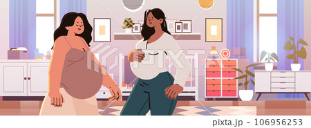 happy pregnant women future moms near crib pregnancy motherhood expectation concept modern kids bedroom interior 106956253