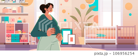 happy pregnant woman future mom hugging belly near crib pregnancy motherhood expectation concept modern kids bedroom interior happy pregnant woman future mom hugging belly near crib pregnancy motherhood expectation concept modern kids bedroom interior 106956254