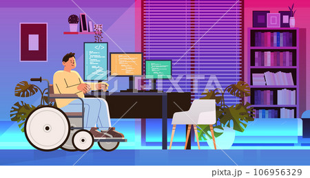 disabled man programmer in wheelchair sitting at workplace software development people with disabilities concept 106956329