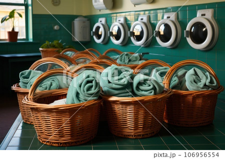 Row of washing machines in an empty public laundry room Row of washing machines in an empty public laundry room 106956554