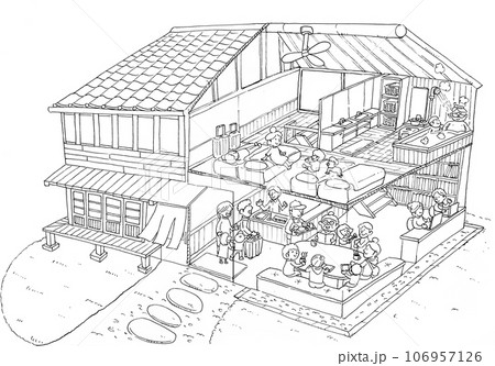 空き家の古民家を宿泊施設にリノベーションしたイメージイラスト（線画） 106957126