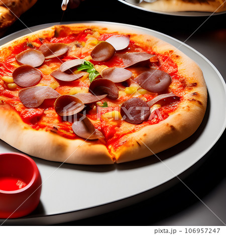 tasty hot pizza and slice with melting cheese pull on the plate 106957247