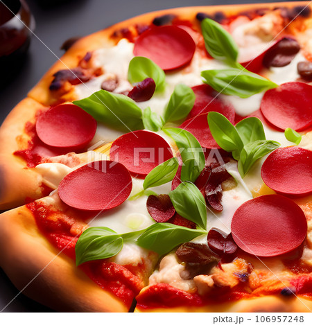 tasty hot pizza and slice with melting cheese pull on the plate 106957248