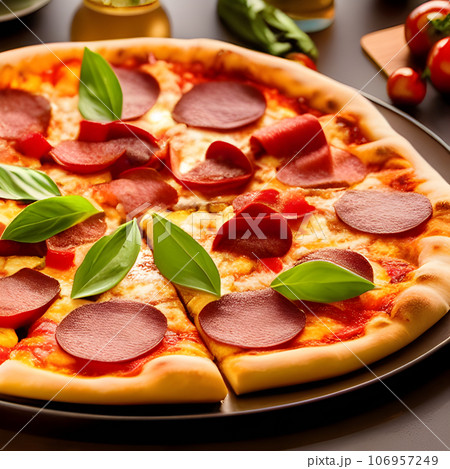 tasty hot pizza and slice with melting cheese pull on the plate 106957249