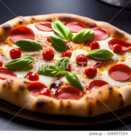 tasty hot pizza and slice with melting cheese pull on the plate 106957254