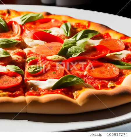 tasty hot pizza and slice with melting cheese pull on the plate 106957274