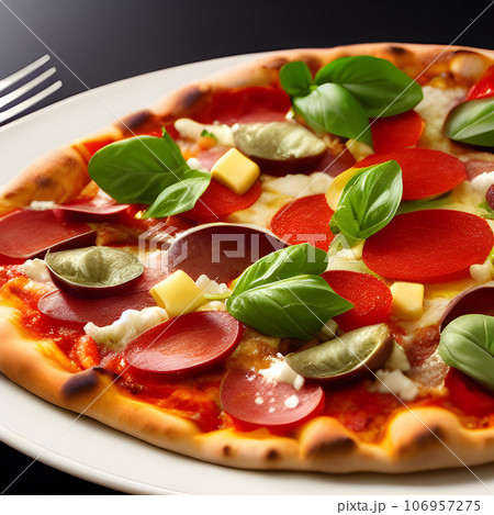 tasty hot pizza and slice with melting cheese pull on the plate 106957275