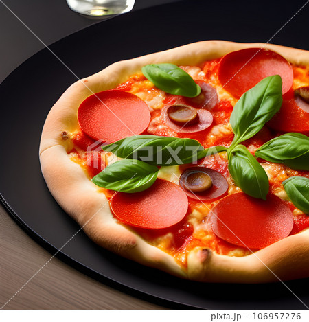 tasty hot pizza and slice with melting cheese pull on the plate 106957276