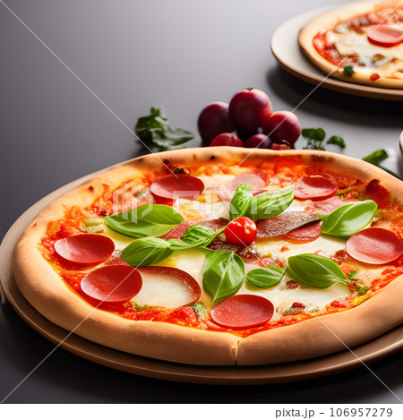 tasty hot pizza and slice with melting cheese pull on the plate 106957279