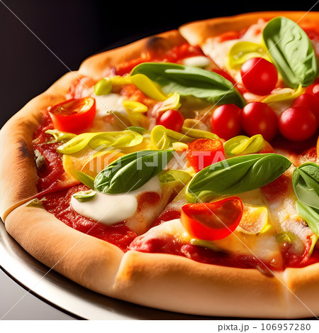tasty hot pizza and slice with melting cheese pull on the plate 106957280