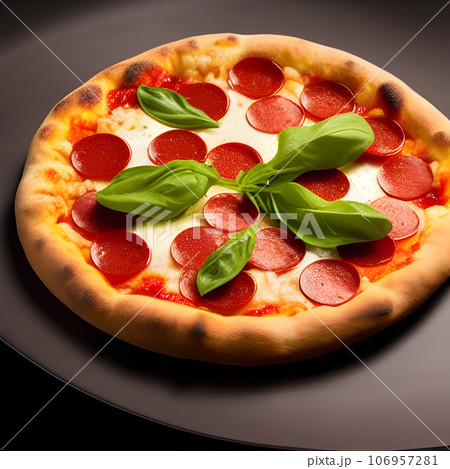 tasty hot pizza and slice with melting cheese pull on the plate tasty hot pizza and slice with melting cheese pull on the plate 106957281