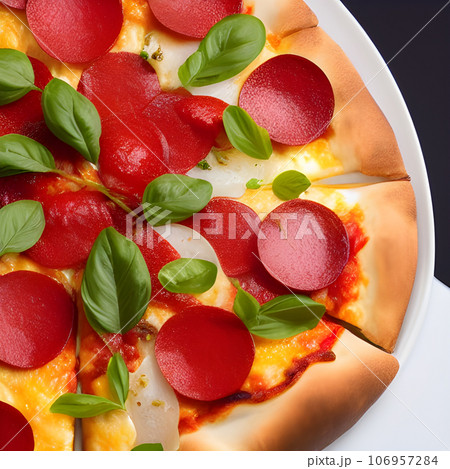 tasty hot pizza and slice with melting cheese pull on the plate 106957284