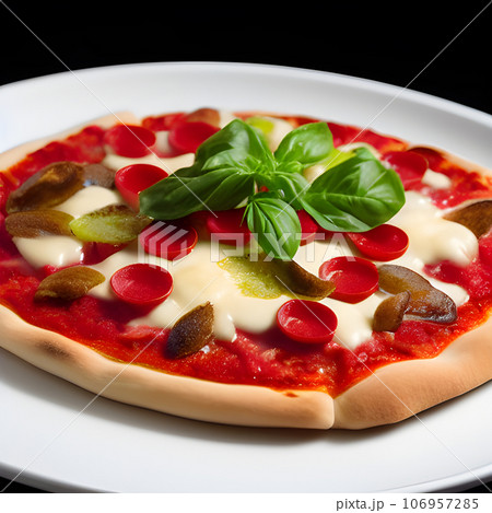tasty hot pizza and slice with melting cheese pull on the plate 106957285
