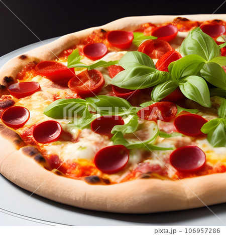 tasty hot pizza and slice with melting cheese pull on the plate 106957286