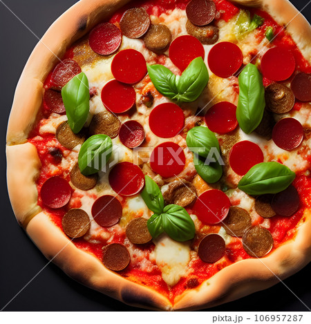 tasty hot pizza and slice with melting cheese pull on the plate 106957287