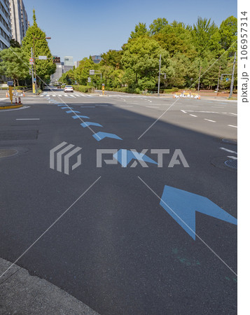 交差点内に設置された自転車ナビライン(青色) 交差点内に設置された自転車ナビライン(青色) 106957314