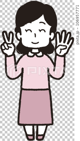 左手は4本指、右手は2本指の24のハンドサインをして笑う女性の全身イラスト 左手は4本指、右手は2本指の24のハンドサインをして笑う女性の全身イラスト 106957771
