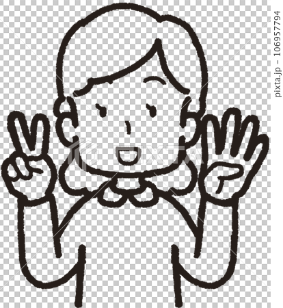 上半身線畫插圖一位微笑的女士用左手 4 根手指和右手 2 根手指做 24 個手勢 106957794