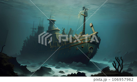 海底に沈んだ壊れた沈没船　AI画像生成 106957962