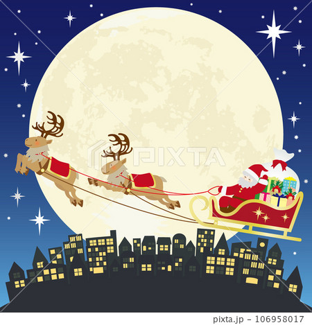 クリスマスの夜に星空の中をトナカイのソリで飛ぶサンタクロースのベクターイラスト 106958017