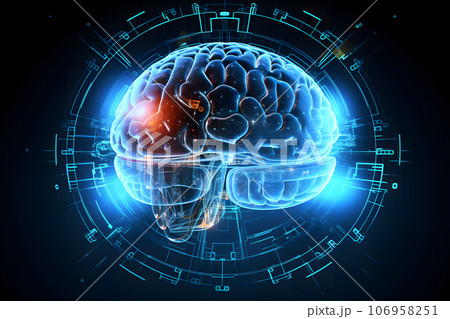 Abstract futuristic human brain with circuit board and mash line to connection. Technology web background, Machine learning cognitive sciences concept. Generative AI. 106958251
