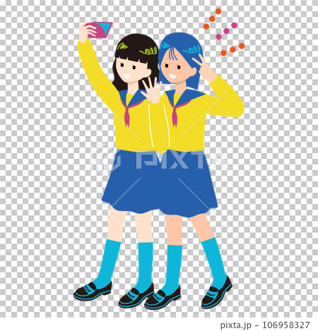 Female students taking selfies, whole body Female students taking selfies, whole body 106958327