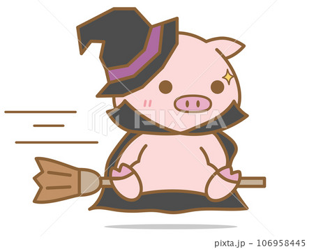 ハロウィン　魔女に仮装してホウキに乗るぶた 106958445