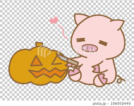 Pig making a Halloween jack-o-lantern Pig making a Halloween jack-o-lantern 106958449