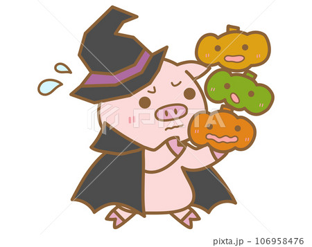 ハロウィン　落ちそうになるかぼちゃを持つ魔女に仮装したぶた 106958476