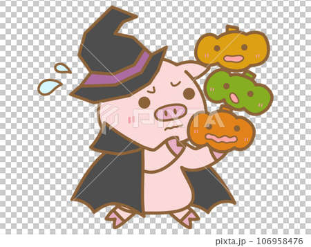 ハロウィン 落ちそうになるかぼちゃを持つ魔女に仮装したぶた ハロウィン 落ちそうになるかぼちゃを持つ魔女に仮装したぶた 106958476