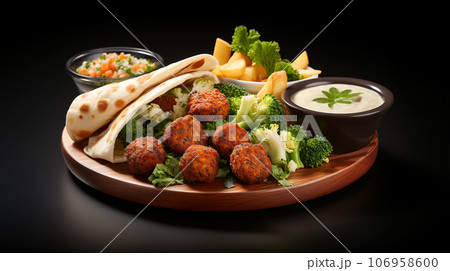Large plate with falafel and salad on a dark background, restaurant concept 106958600