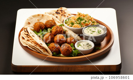 Large plate with falafel and salad on a dark background, restaurant concept 106958601