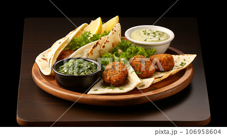 Large plate with falafel and salad on a dark background, restaurant concept 106958604