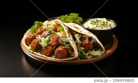 Large plate with falafel and salad on a dark background, restaurant concept 106958605
