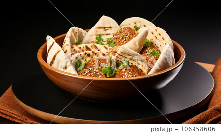 Large plate with falafel and salad on a dark background, restaurant concept 106958606
