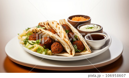 Large plate with falafel and salad on a dark background, restaurant concept 106958607