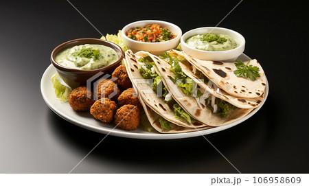 Large plate with falafel and salad on a dark background, restaurant concept 106958609
