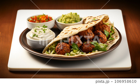 Large plate with falafel and salad on a dark background, restaurant concept 106958610