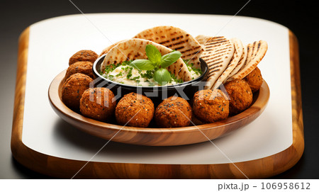 Large plate with falafel and salad on a dark background, restaurant concept 106958612
