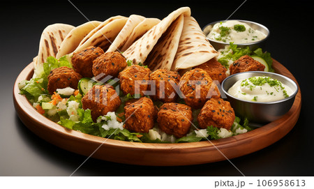 Large plate with falafel and salad on a dark background, restaurant concept 106958613
