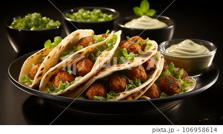 Large plate with falafel and salad on a dark background, restaurant concept 106958614